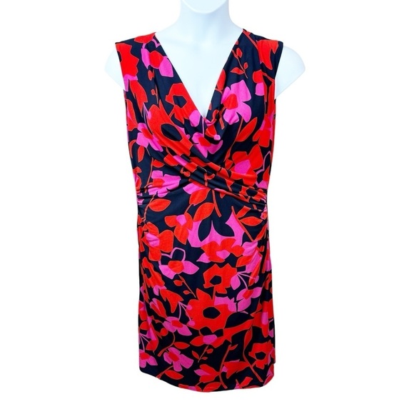 Vince Camuto Red & Pink Sleeveless Cowl Neck Midi Ruched Waist Dress - Picture 1 of 8